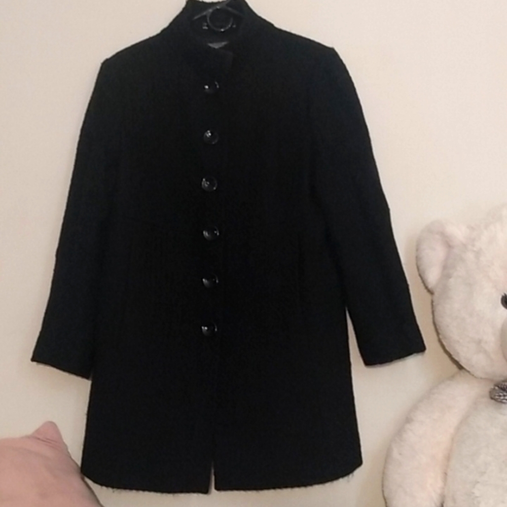 Ann Taylor Rich black textur wool jacket with cinched back and tailored pockets.